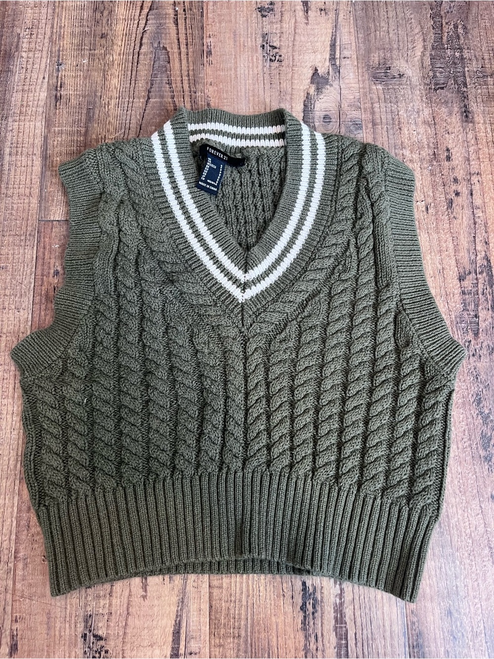 Forever 21 Olive Green Cable Knit V-Neck Sweater Vest with Striped Trim